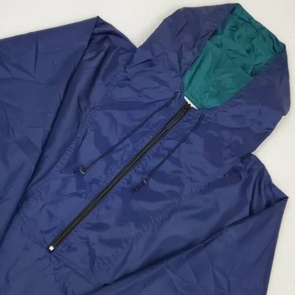 HELLY HANSEN Mens Size M Navy Blue Vintage Hooded Poncho Rain Jacket Windbreaker - Picture 1 of 9